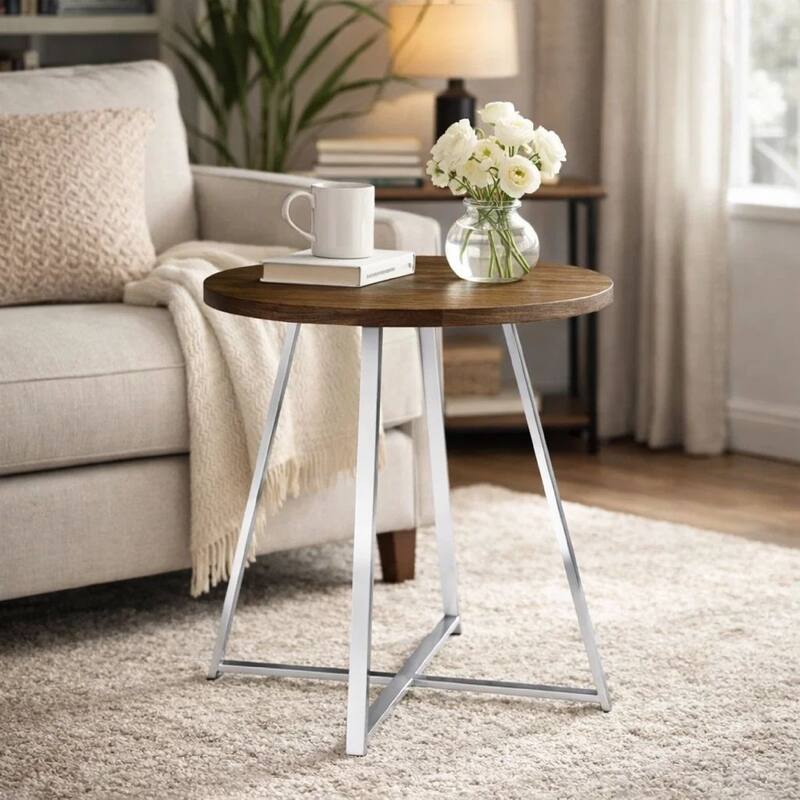 43 Inch Tall Modern Bar Table, Brown Round Top, Polished Chrome Flared Legs