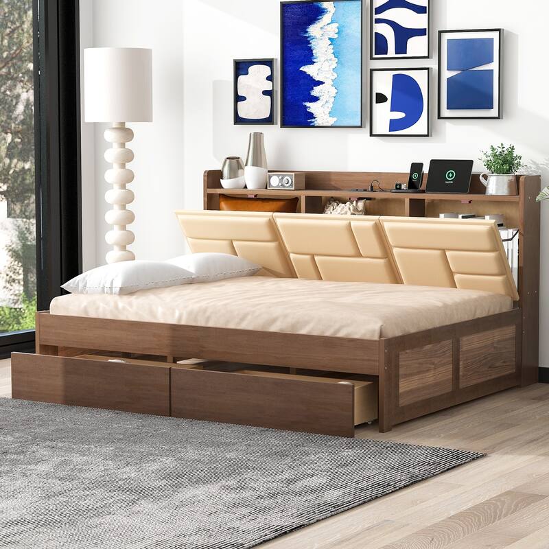 Full Size Wood Daybed with Upholstered Headboard, USB & Drawers - Wood - Full
