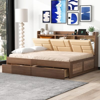 Full Size Wood Daybed with Upholstered Headboard, USB & Drawers
