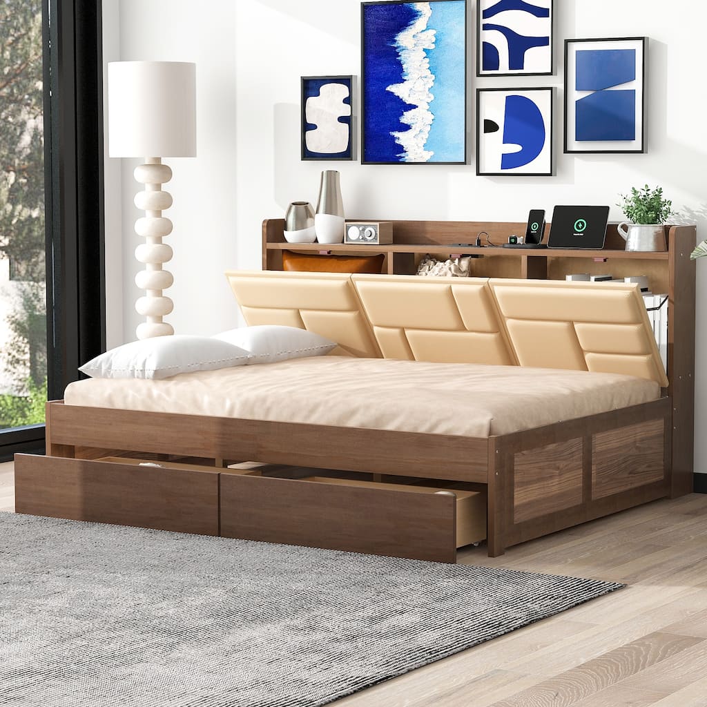 Full Size Wood Daybed with Upholstered Headboard, USB & Drawers