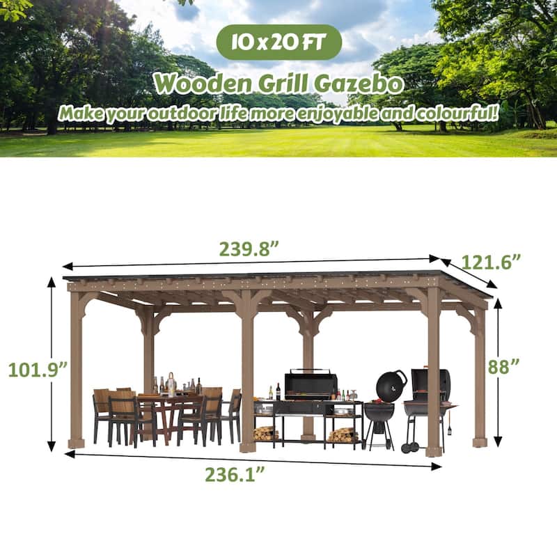 VEIKOUS Wood BBQ Grill Gazebo with Steel Roof for Patio Garden Backyard and Lawn