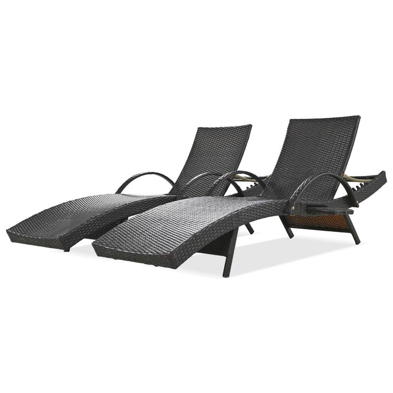 2-piece Outdoor Wicker Chaise Lounge Chairs Set with Pull-out Side Table, Patio Pool Adjustable Reclining Sun Lounger