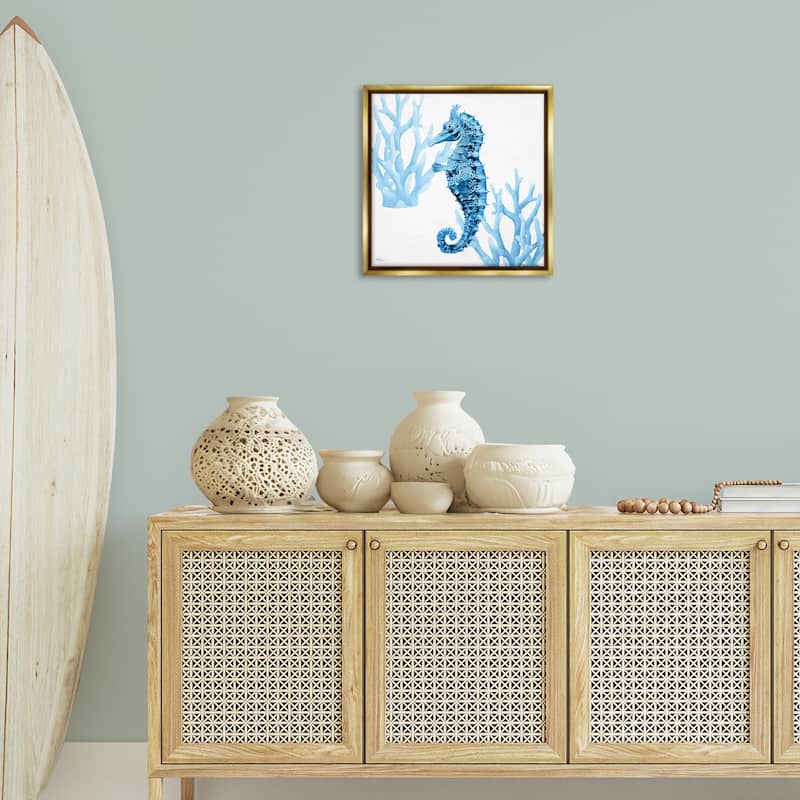 Stupell Blue Tone Seahorse & Coral Framed Floater Canvas Wall Art Design By Cat Thurman Designs