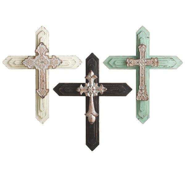 Set of 3 Off White, Black and Green Distressed Finish 3 Assorted Large Layered Wall Cross 19" - N/A