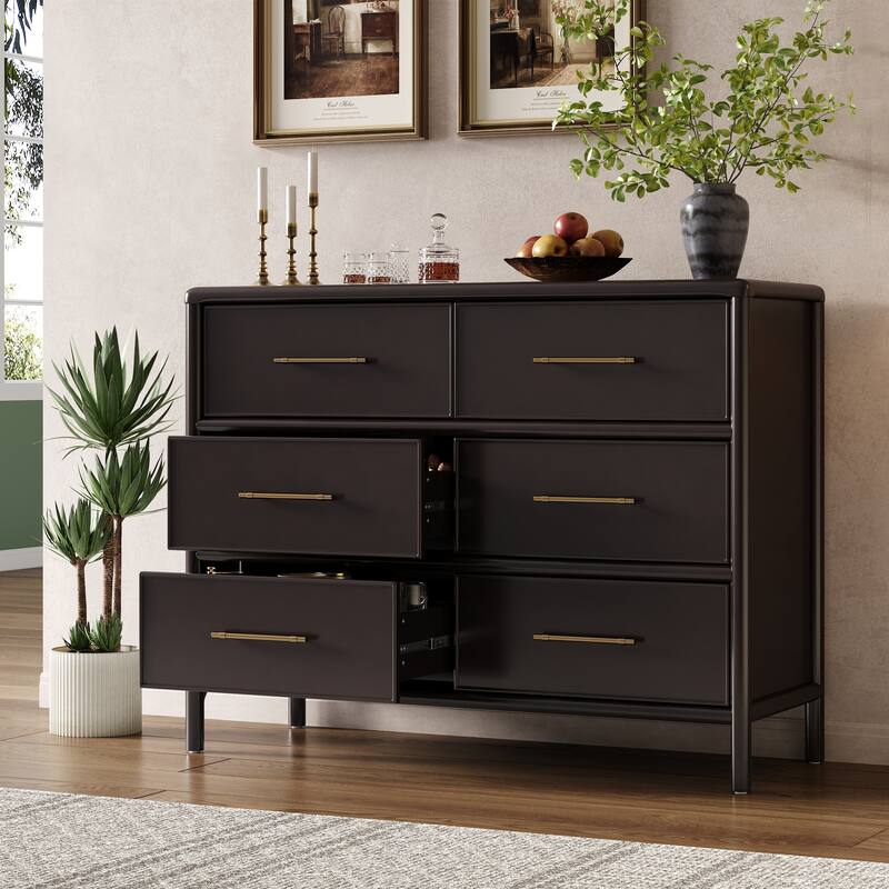 Roomfitters Large 6-Drawer Sideboard Storage Cabinet with Gold Handles