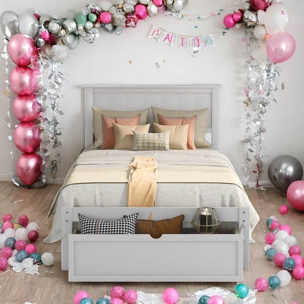 slide 2 of 9, Twin Size Platform Bed with Under-bed Drawer, White White