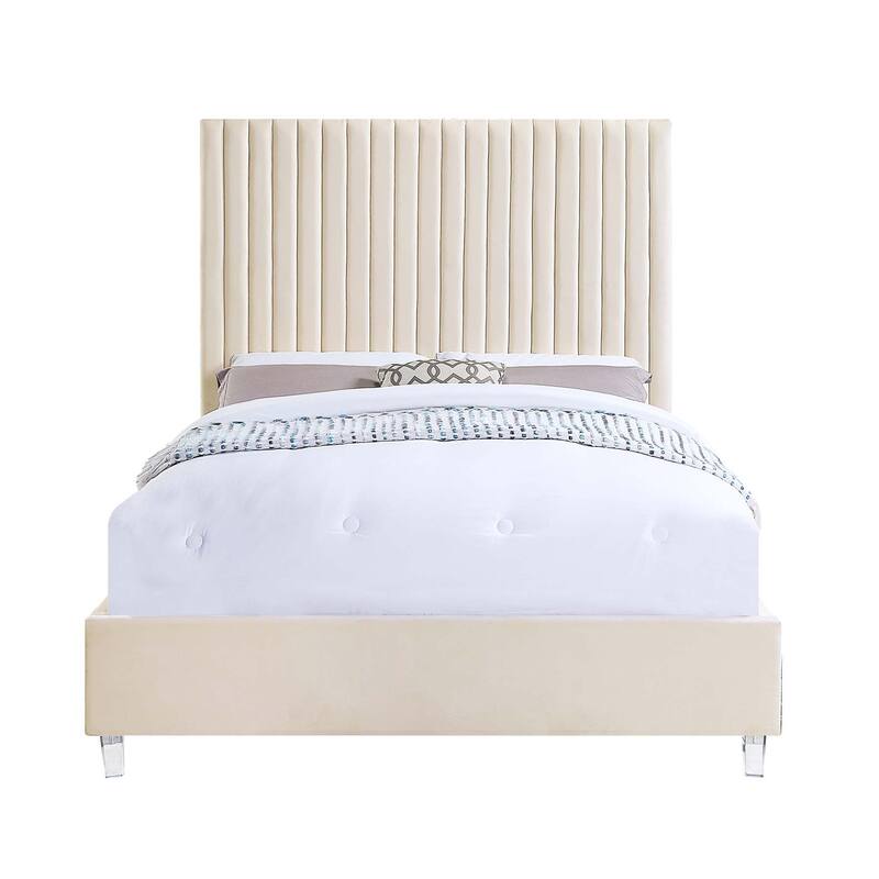 Fully Fabric Upholstered Bed with Acrylic Legs in Beige Finish - Beige - Queen