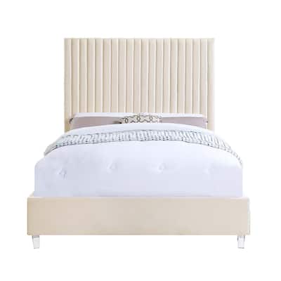 Fully Fabric Upholstered Bed with Acrylic Legs in Beige Finish