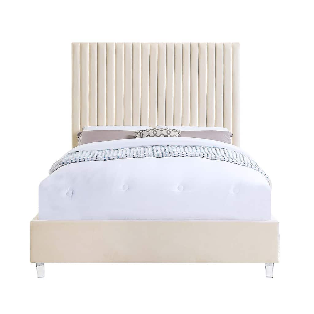 Fully Fabric Upholstered Bed with Acrylic Legs in Beige Finish