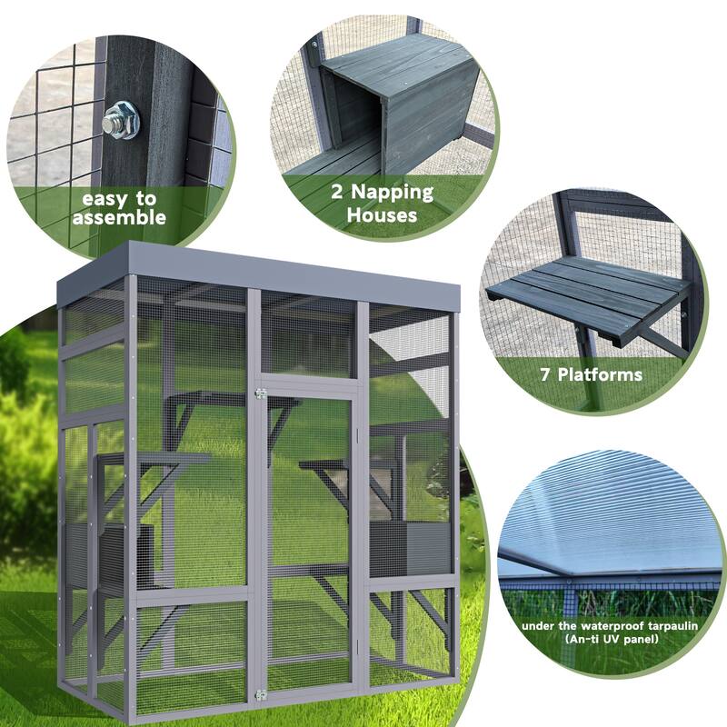 Large Outdoor Cat House, Cat Shelter Enclosure with Waterproof Roof, 2 Napping House & Platforms, Pet Cage for Patio or Backyard