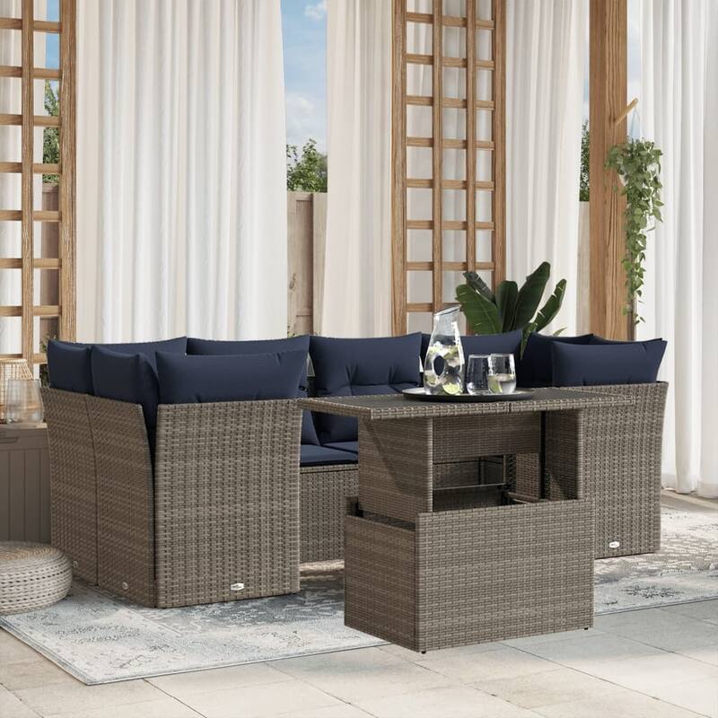 vidaXL Patio Sofa Set with Cushions Modular Outdoor Seating 7 Piece Poly Rattan - 24.4 x 24.4 x 27.2 - Gray