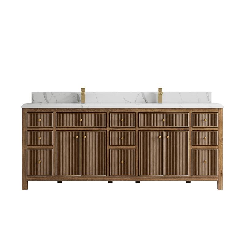 Willow Collections 84 in. W x 22 in. D Sonoma Teak Double Sink Bathroom Vanity with Countertop - 1.5" Calacatta Laza - Dark Natural