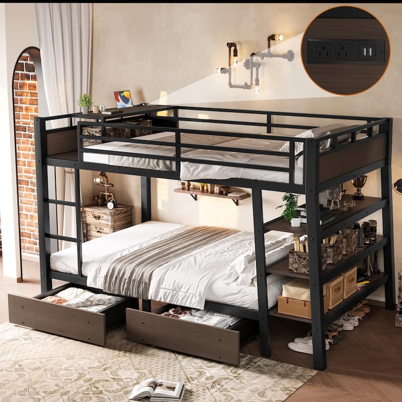 Full Size Metal Bunk Bed with Storage Shelves, LED light strip, and USB power strip - Black