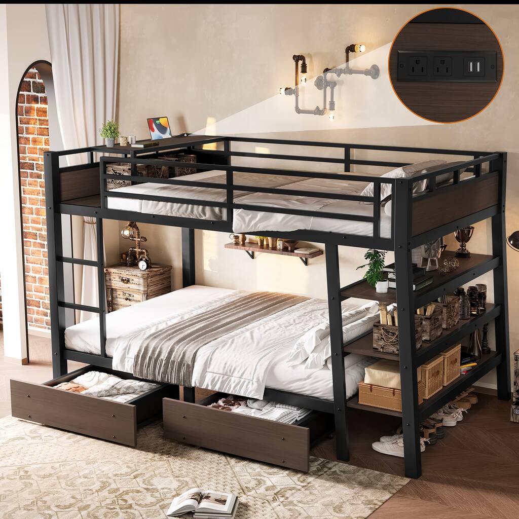 Full Size Metal Bunk Bed with Storage Shelves, LED light strip, and USB power strip
