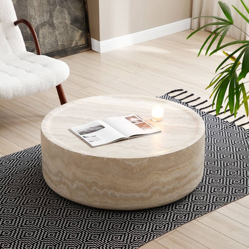 Round Low Coffee Table for Living Room, Modern Faux Mars Pattern Circle Tea Table for Reception Room, No Need Assembly