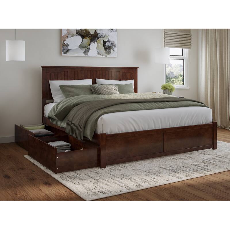 Nantucket Platform Bed with Footboard and Storage Drawers - Walnut - King