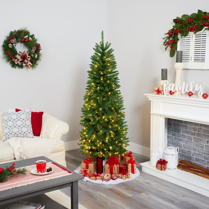 6ft. Slim Green Pine Artificial Christmas Tree with 250 Clear LED Lights - Sleek Holiday X-Mas Glow