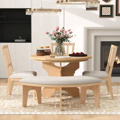 5-Piece Rustic Charm Round Dining Set - 3 Upholstered Chairs with Curved Bench