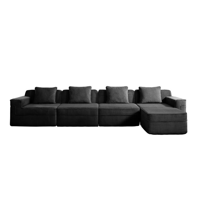 GDFStudio - Corduroy Modular 4-Seater 153.5" L-Shaped Boneless Cloud Sofa with Ottoman