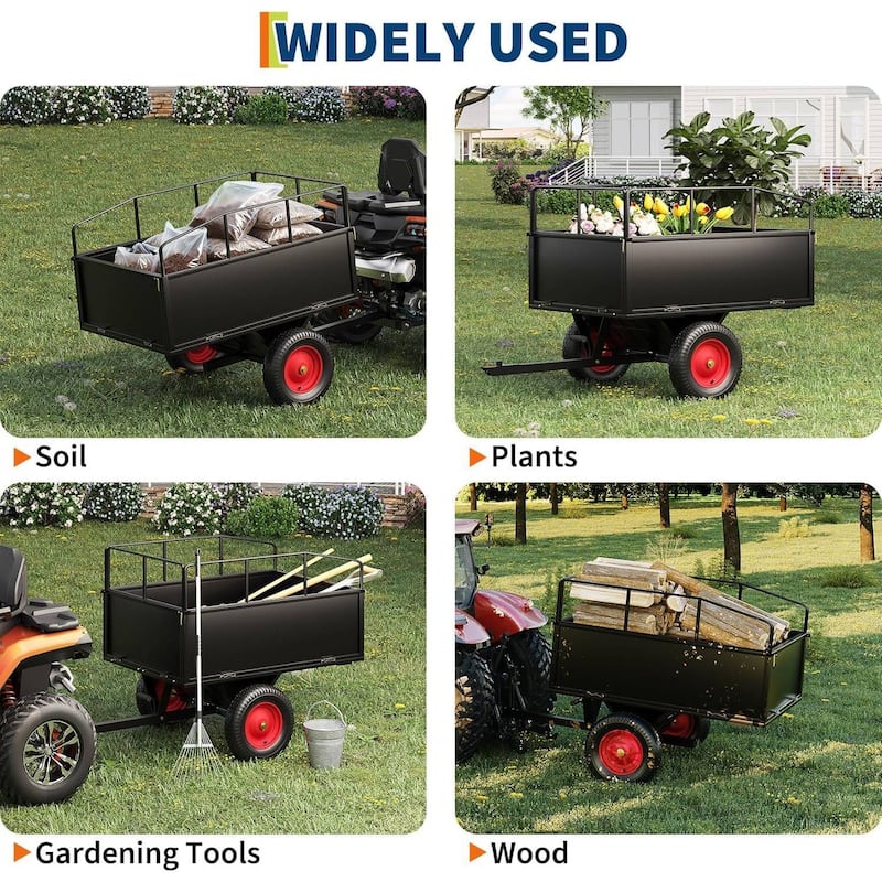 Heavy Duty 750 lbs Steel ATV Dump Trailer, Yard Utility Cart for Lawn Mower, Tractor