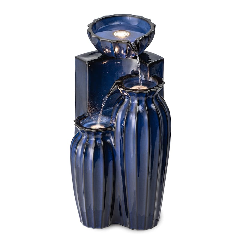 Glitzhome 26.75"H 3-Tiered Fluted Texture Ceramic Outdoor Floor Fountain with LED Lights