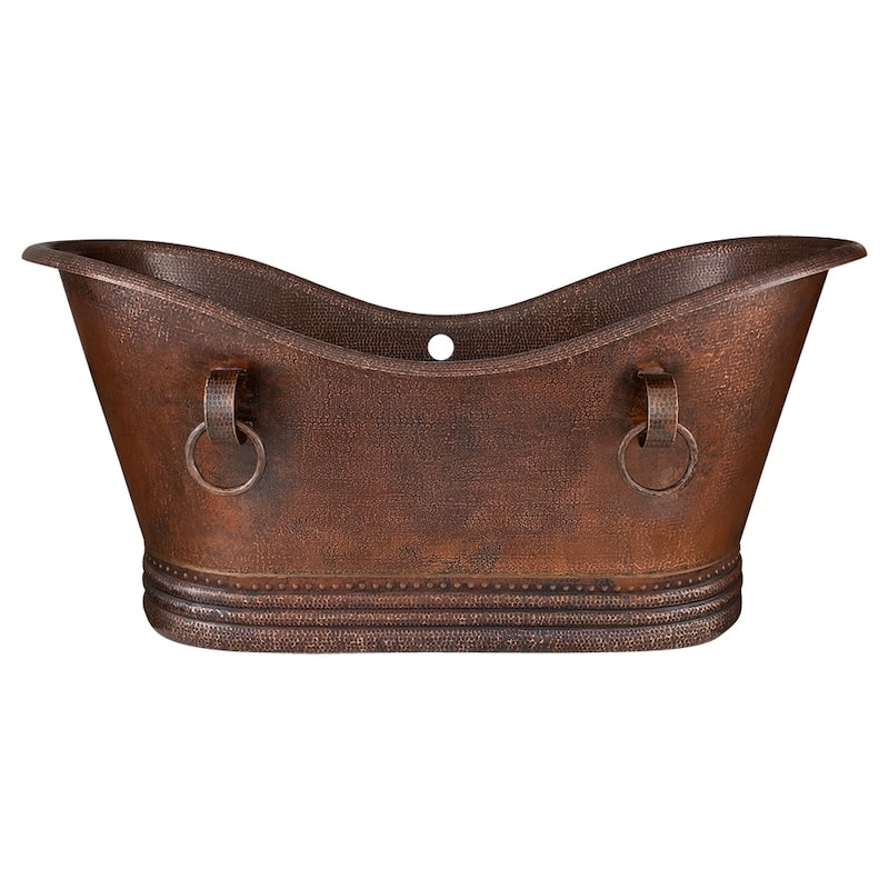 67" Hammered Copper Double Slipper Bathtub with Rings and Overflow Holes and Drain Package