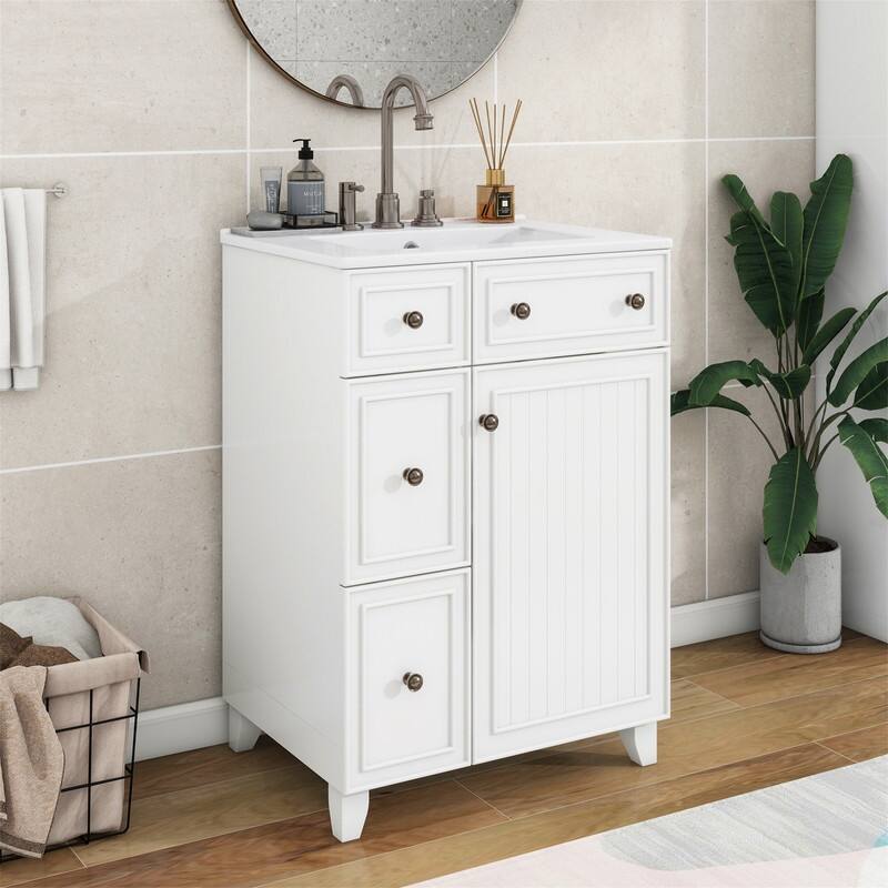 24'' Bathroom Vanity with Ceramic Sink Top, Freestanding Bathroom Vanity Cabinet with 1 Soft Close Door and 2 Storage Drawers