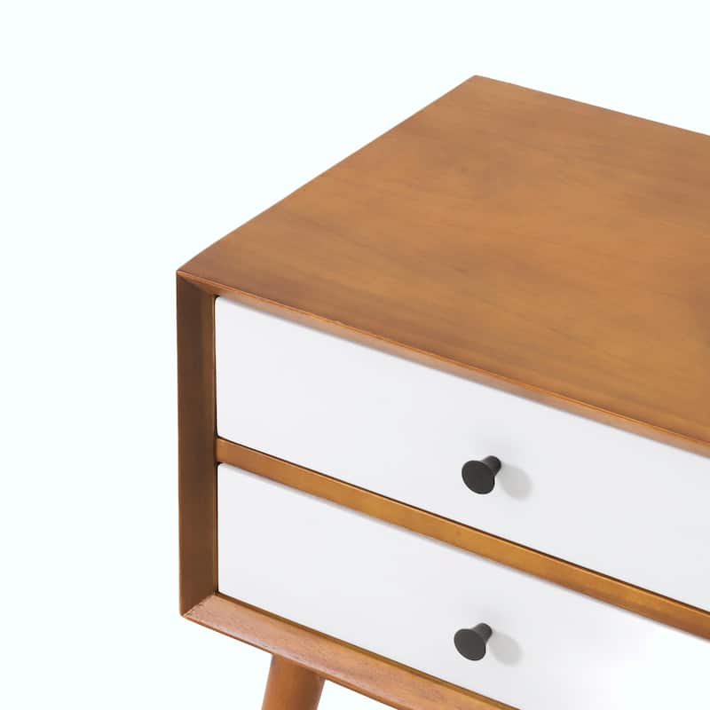 Mid-Century Acacia Wood Nightstand - 2 Drawers, Brass Accents