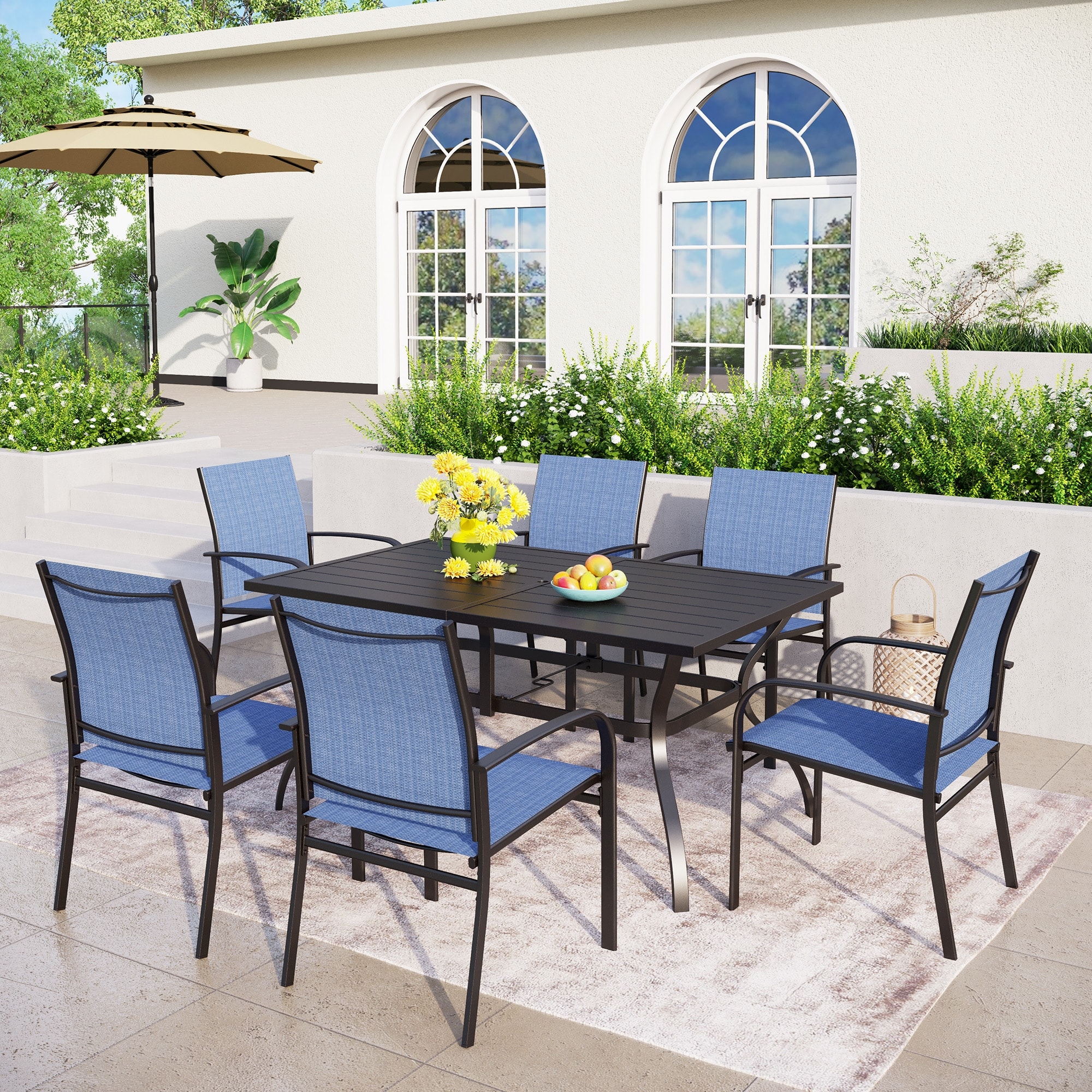 MAISON ARTS Patio Dining Set 7 Pieces Metal Rectangle Table and 6 Textilene Chairs
