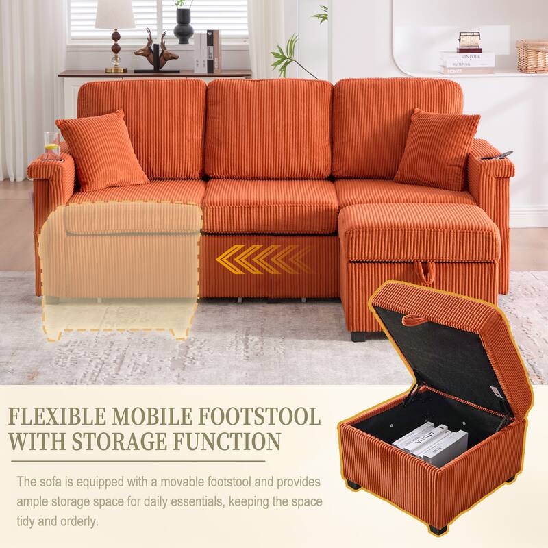 HOMEFUN Corduroy Upholstered L-shaped Pull-Out Storage Sectional Sofa with Storage Ottoman,USB Charging,Cup Holder