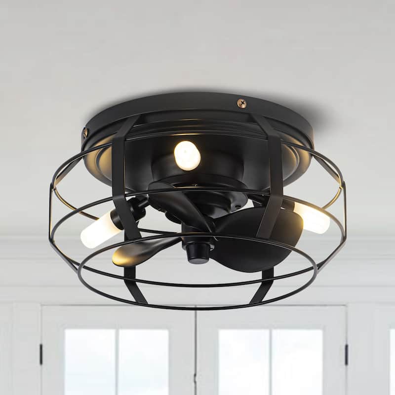 12" 3-Blade 3-Light Black Cage Ceiling Fan with Light - Black