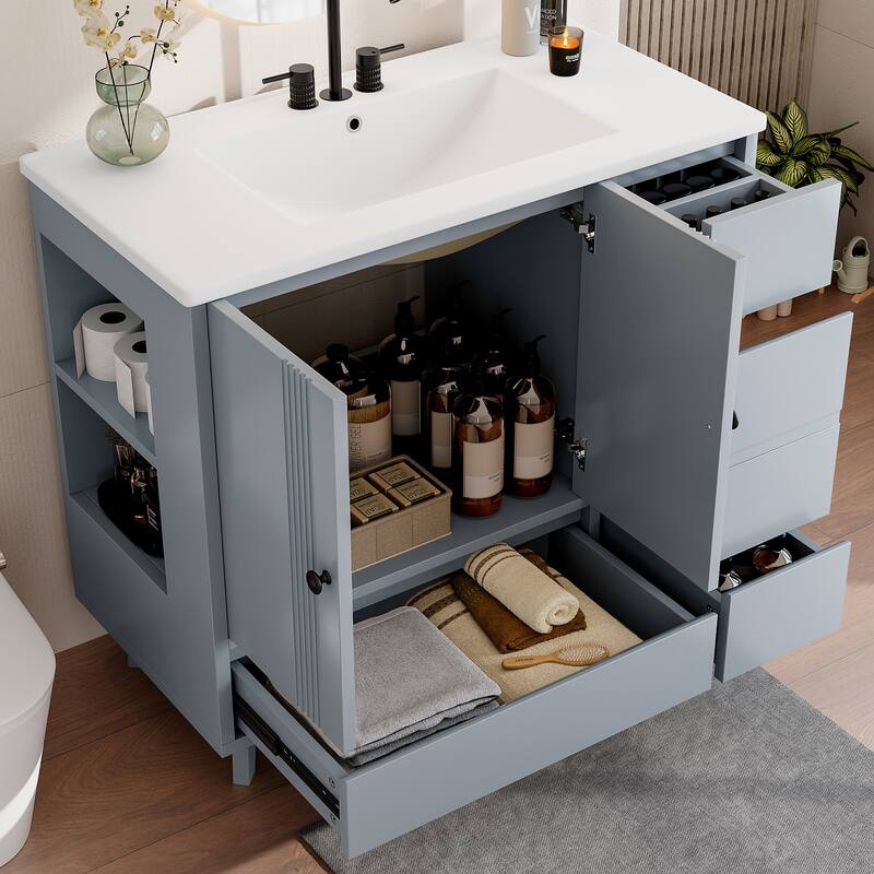 36" Freestanding Bathroom Vanity with Sink - Wood Cabinet with 4 Drawers & Side Storage Rack, Ceramic Basin - Grey