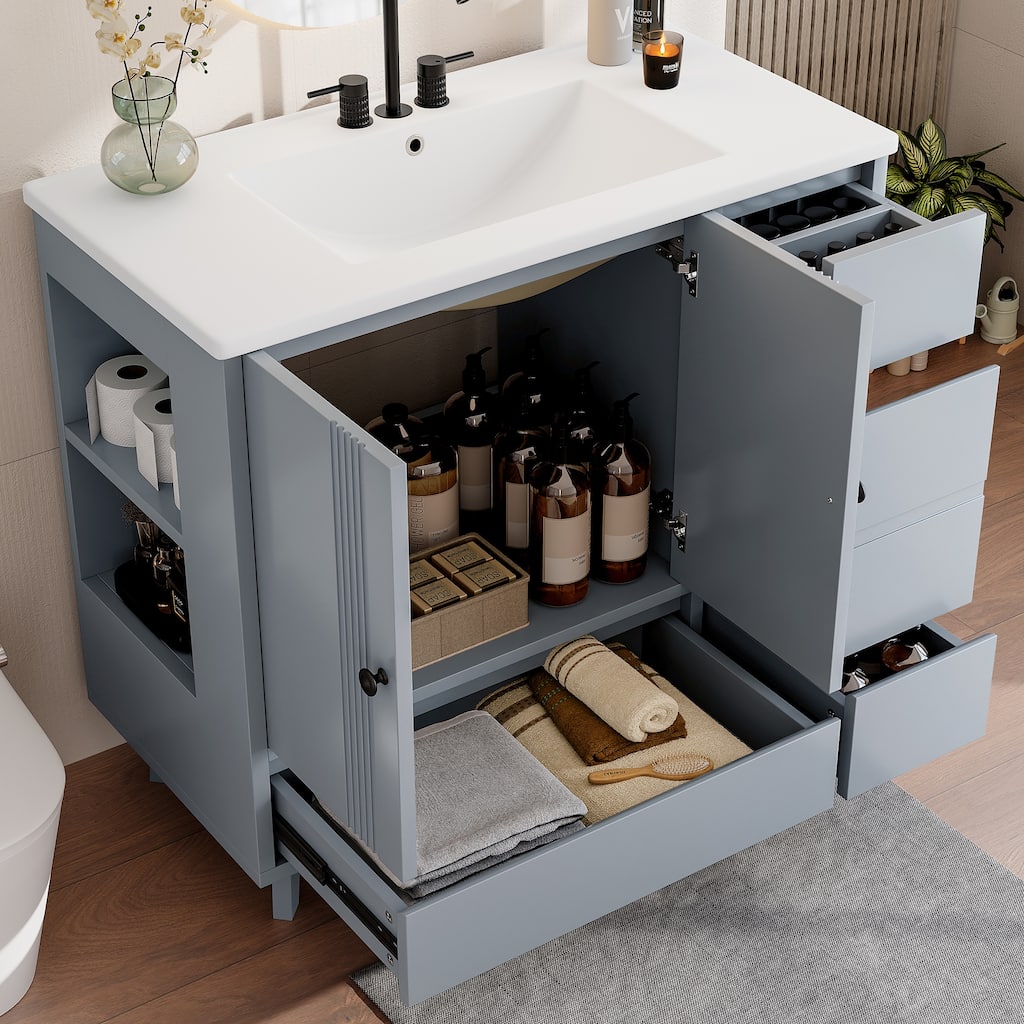 Roomfitters 36 Inch Bathroom Vanity with Sink, Solid Wood Cabinet with Side Rack and Drawers