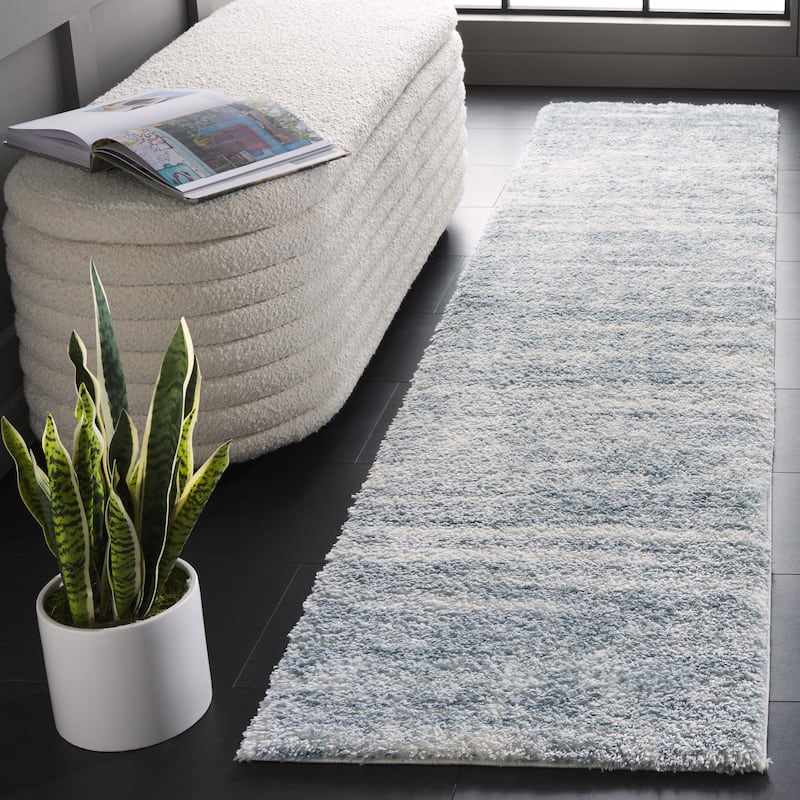 SAFAVIEH Tahoe Shag Yaprak Abstract 1.2-inch Thick Rug - 2' x 9' Runner - Blue/Ivory - Runner