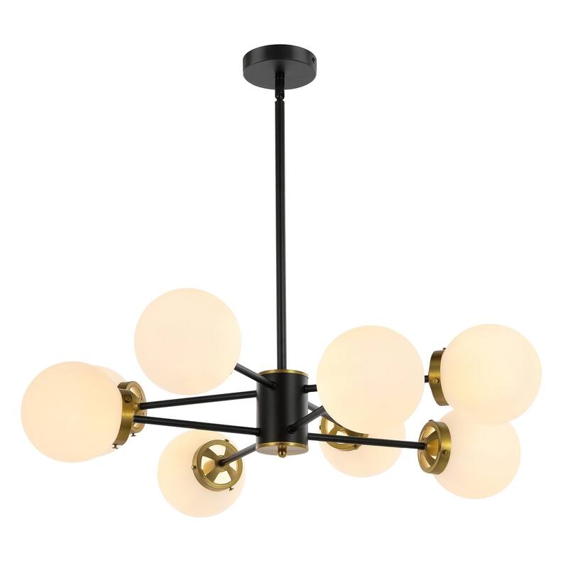 Modern Chandelier Sputnik Black Brass 8-Light Opal Glass 32"