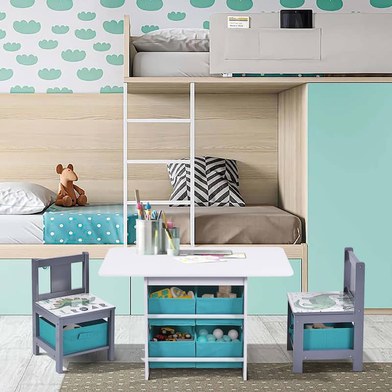 Kids Art Play Activity Table with Storage Shelf and Chair Set with Storage Baskets, Blue & Grey
