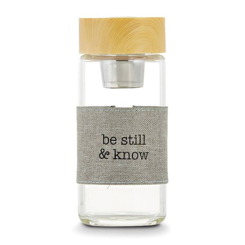 Curata 12 Ounce Glass Tea Infuser Bottle with Be Still Know Flax Sleeve