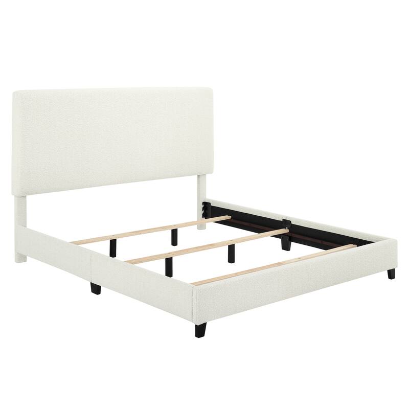 White Boucle Upholstered King Size Platform Bed with Padded Headboard