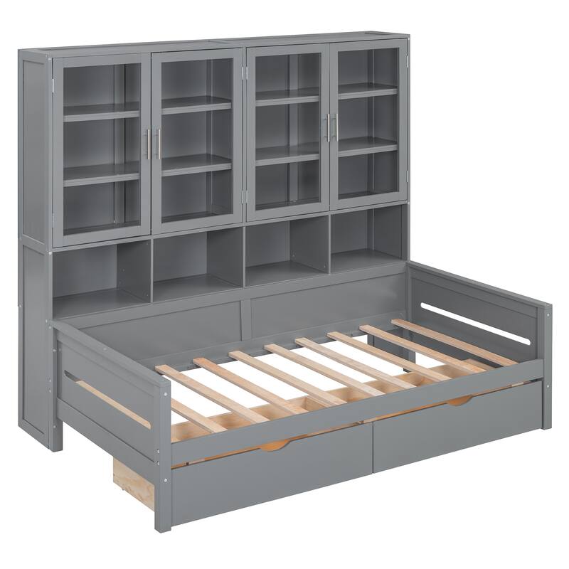 Twin Size Wooden Daybed with Glass-Door Storage, LED Lighting, and Shelves, Gray