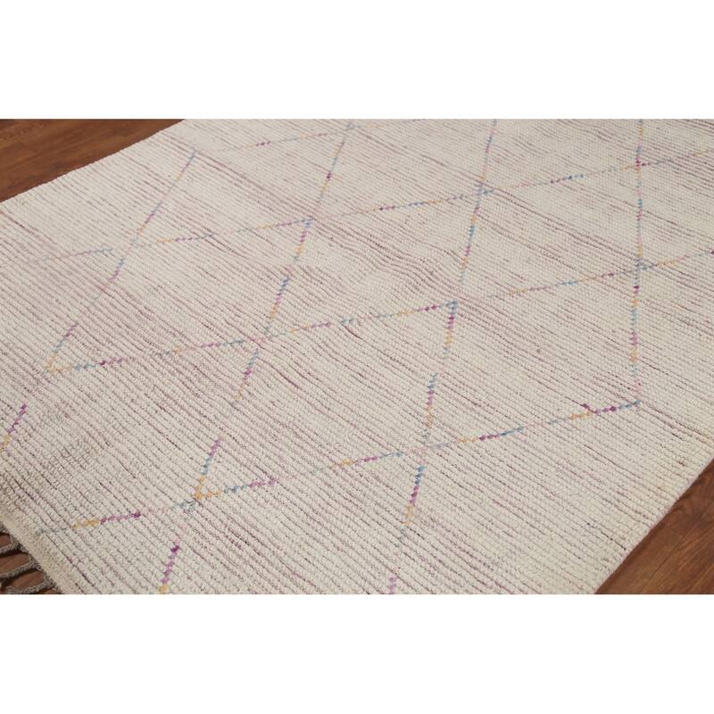 Beige Trellis Moroccan Area Rug Hand-Knotted Oriental Wool Carpet - 5'1"x 8'11"