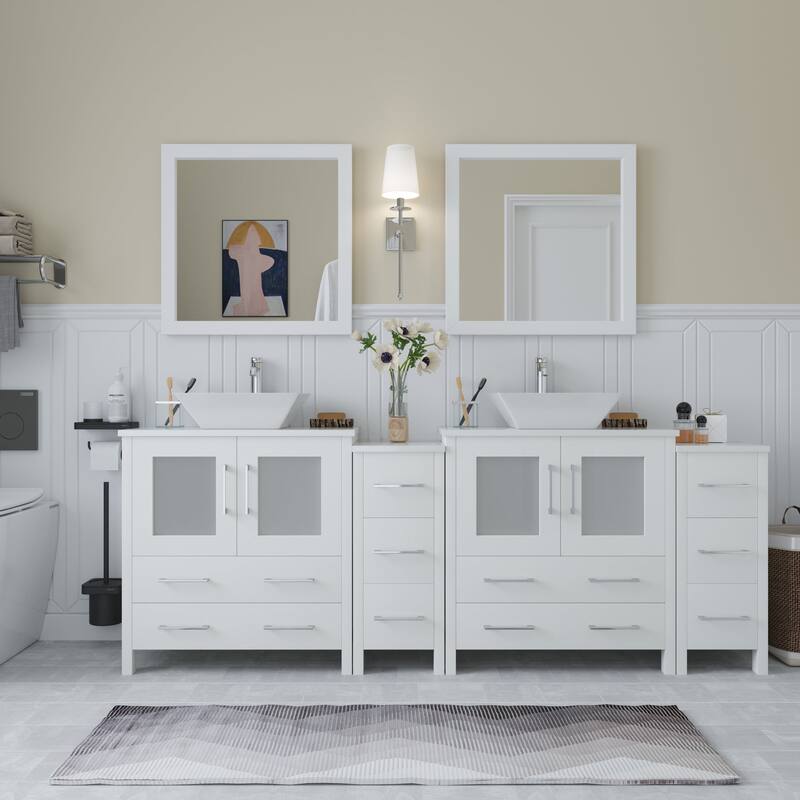 Vanity Art 84-inch Double Sink Bathroom Vanity Set with Engineered Marble Top and Free Mirror - 84 x 18.5 x 36 Inches - White