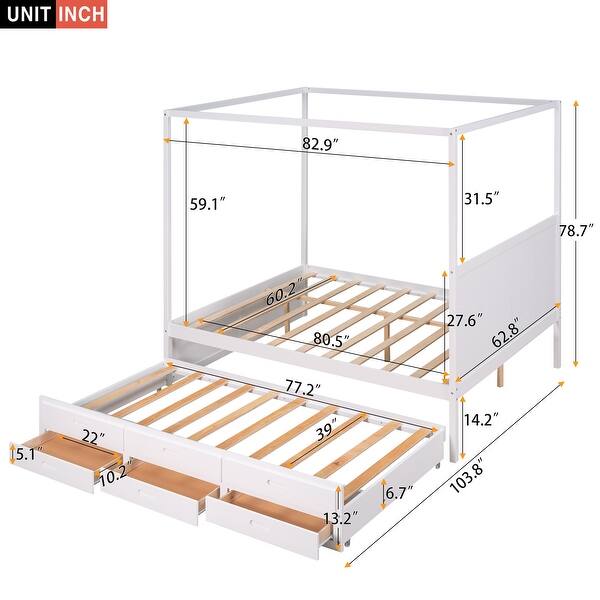 dimension image slide 0 of 2, Queen Size Canopy Platform Bed with Twin Size Trundle, 3-Storage Drawers, and Sturdy Pinewood Frame, Space-Saving Design, Grey