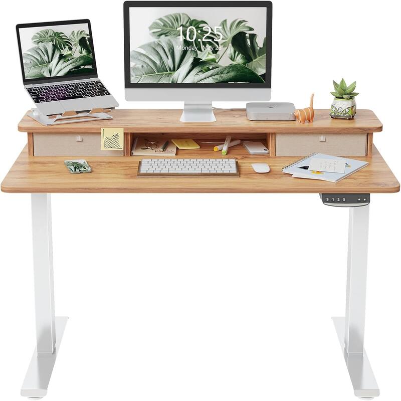 FEZIBO Height Adjustable Electric Standing Desk with Double Drawer, Stand Up Desk with Storage Shelf, Sit Stand Desk
