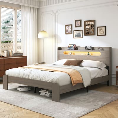 Bed Frame King Size, Wood Platform Bed Frame with Storage LED Light Headboard and 2 USB, Noise Free, Large Under Bed Storage