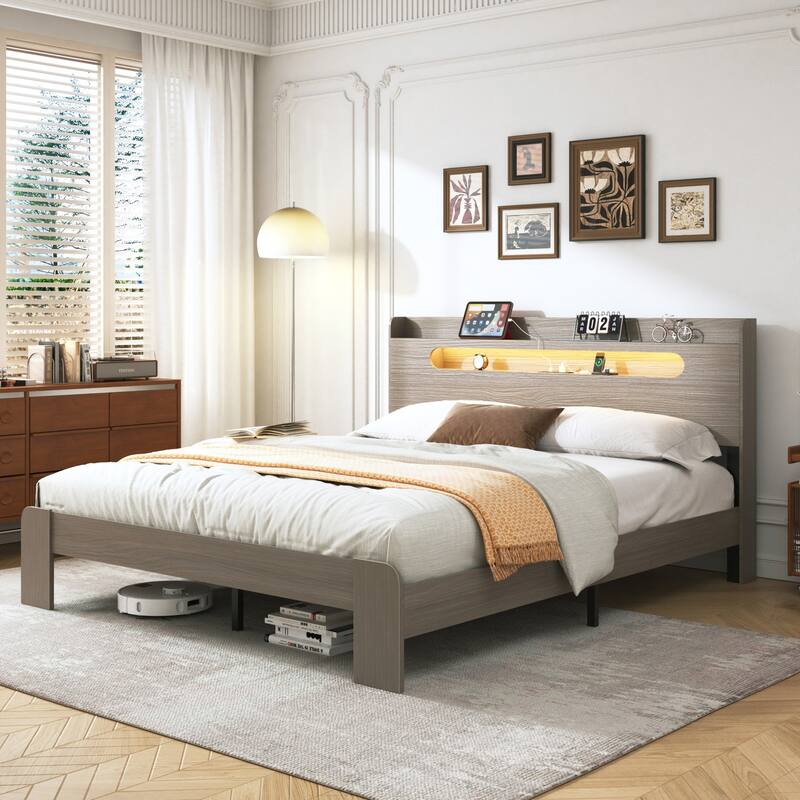Bed Frame Queen Size, Wood Platform Bed Frame with Storage LED Light Headboard and 2 USB, Noise Free, Large Under Bed Storage