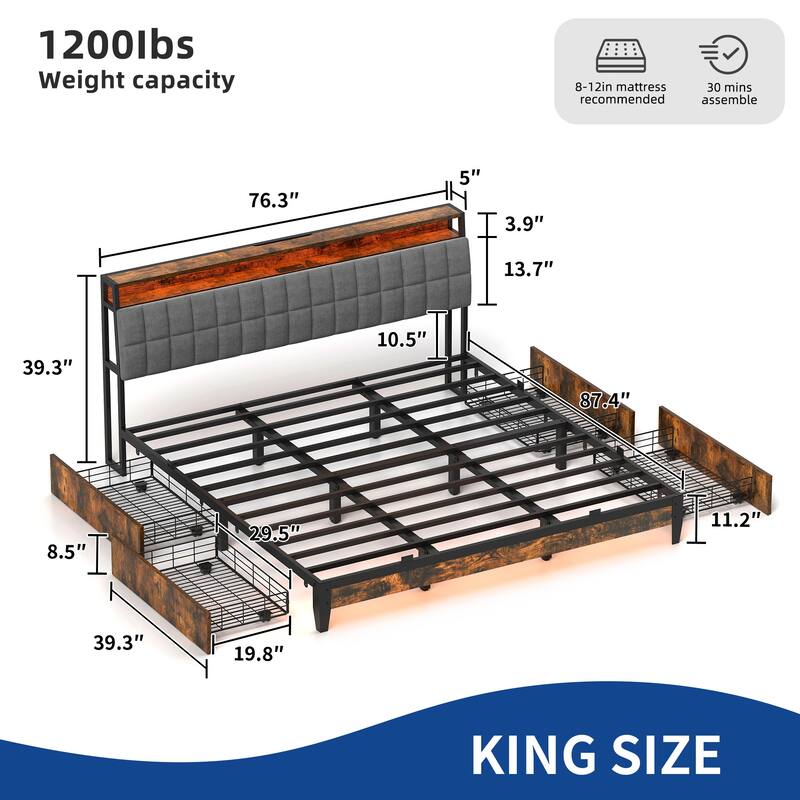 Moasis King/Queen/Full Size Upholstered Platform Bed with Charging Station and Storage Headboard