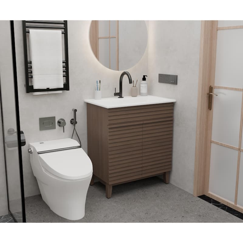 GDFStudio - Sebastian 30-Inch Modern Bathroom Vanity with Ceramic Sink and Slatted Door Storage Cabinet - Antique brown
