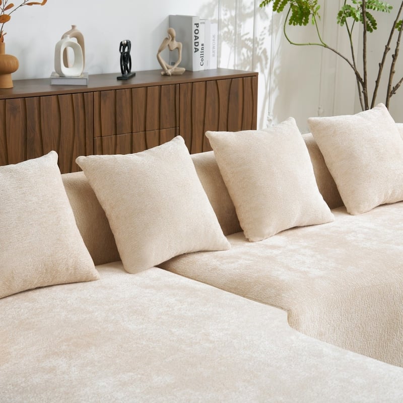 L-Shape Sectional Sofa with Curved Chaise, Beige Modular Chenille Couch