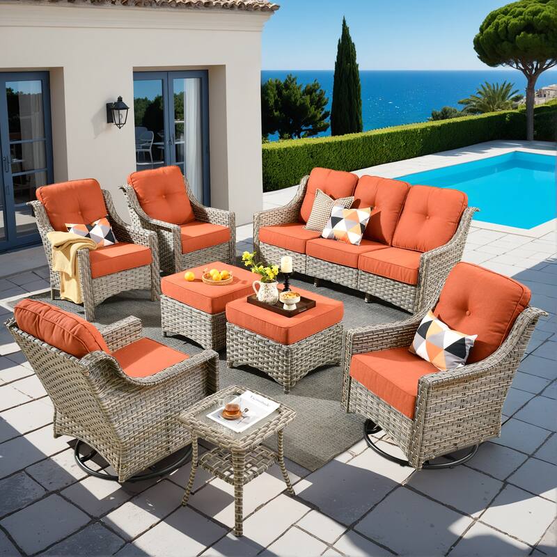 OVIOS 8-piece Patio Wicker Swivel Rocking Chair Set With Ottoman