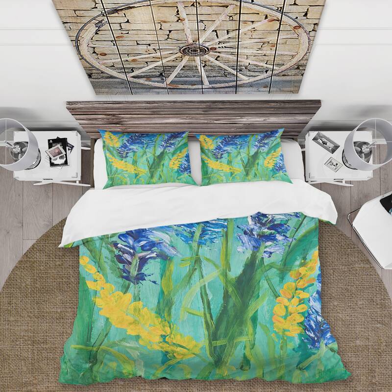 Designart 'Blue and Yellow Wild Flowers and Grass Gouache' Traditional Duvet Cover Set